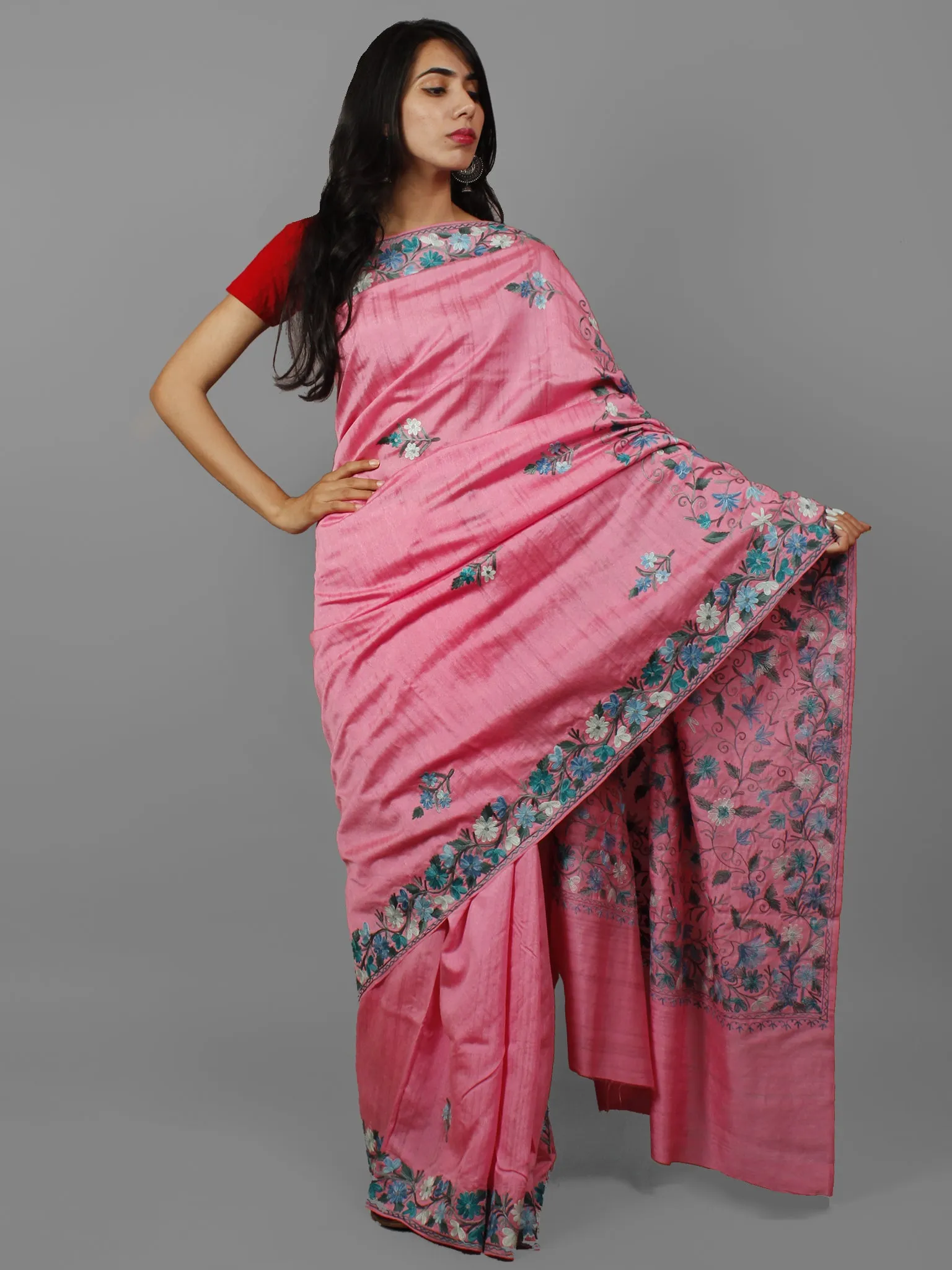 Pastel Pink Blue Green Grey Aari Embroidered Bhagalpuri Silk Saree From Kashmir  - S031702148