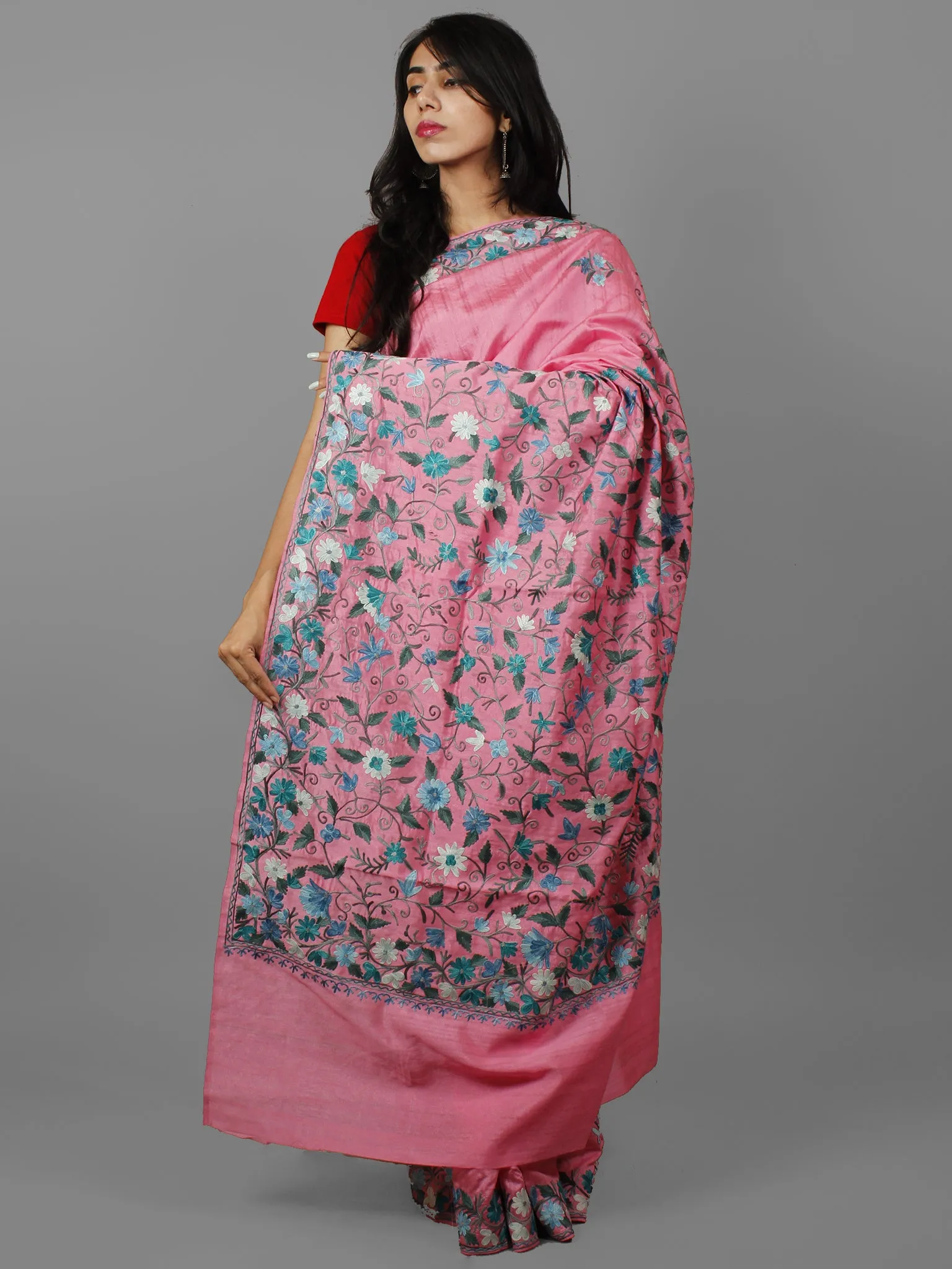 Pastel Pink Blue Green Grey Aari Embroidered Bhagalpuri Silk Saree From Kashmir  - S031702148