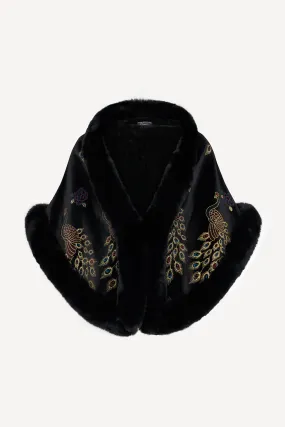 Peacock adorned cape in black