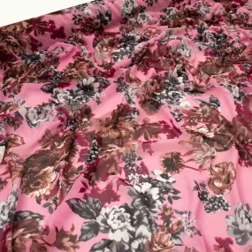 Printed Chiffon Brown & Silver Flowers on Pink