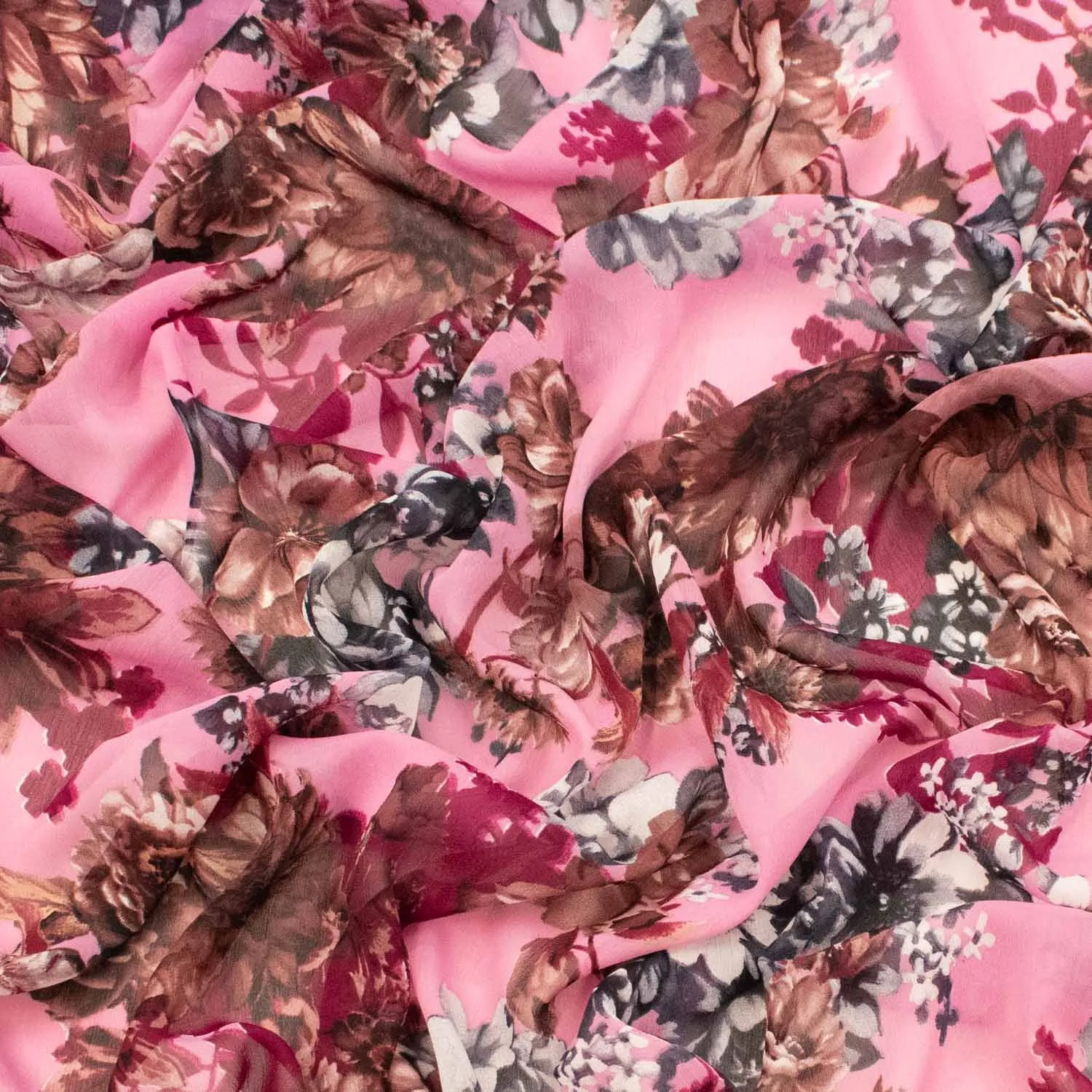 Printed Chiffon Brown & Silver Flowers on Pink