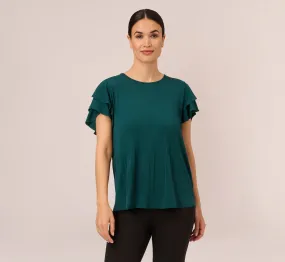 Printed Top With Double Ruffle Short Sleeves In Evergreen