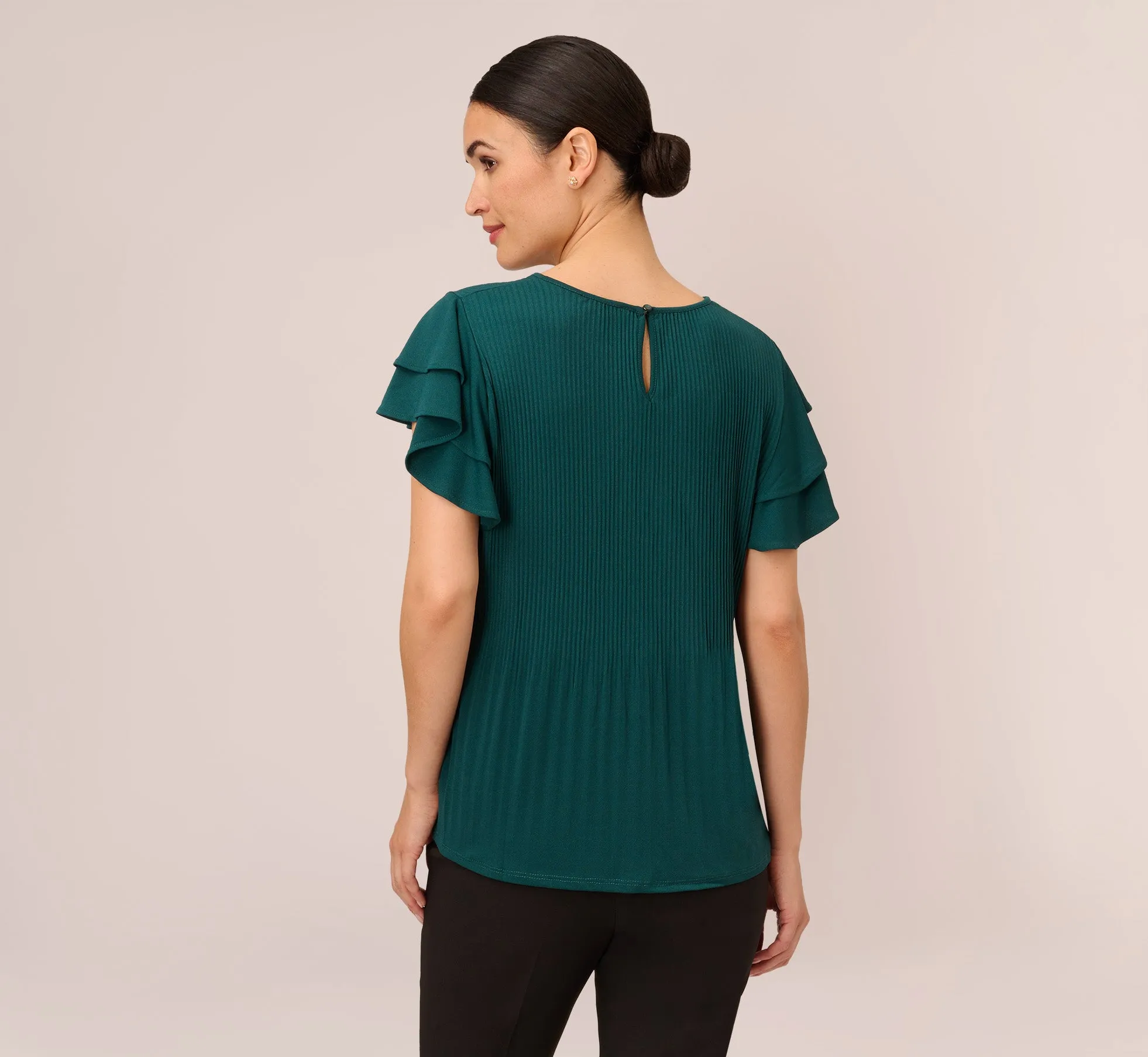 Printed Top With Double Ruffle Short Sleeves In Evergreen