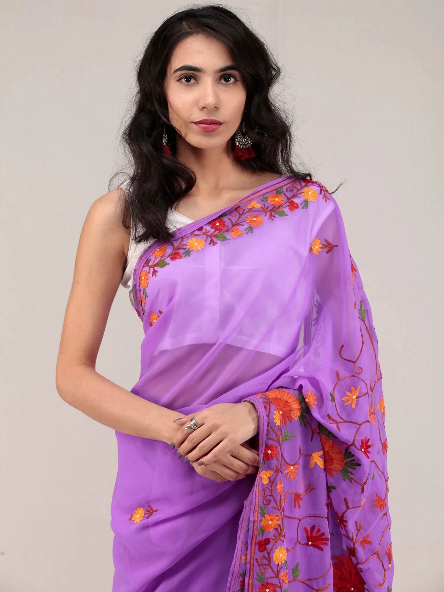 Purple Aari Embroidered Georgette Saree From Kashmir - S031704648