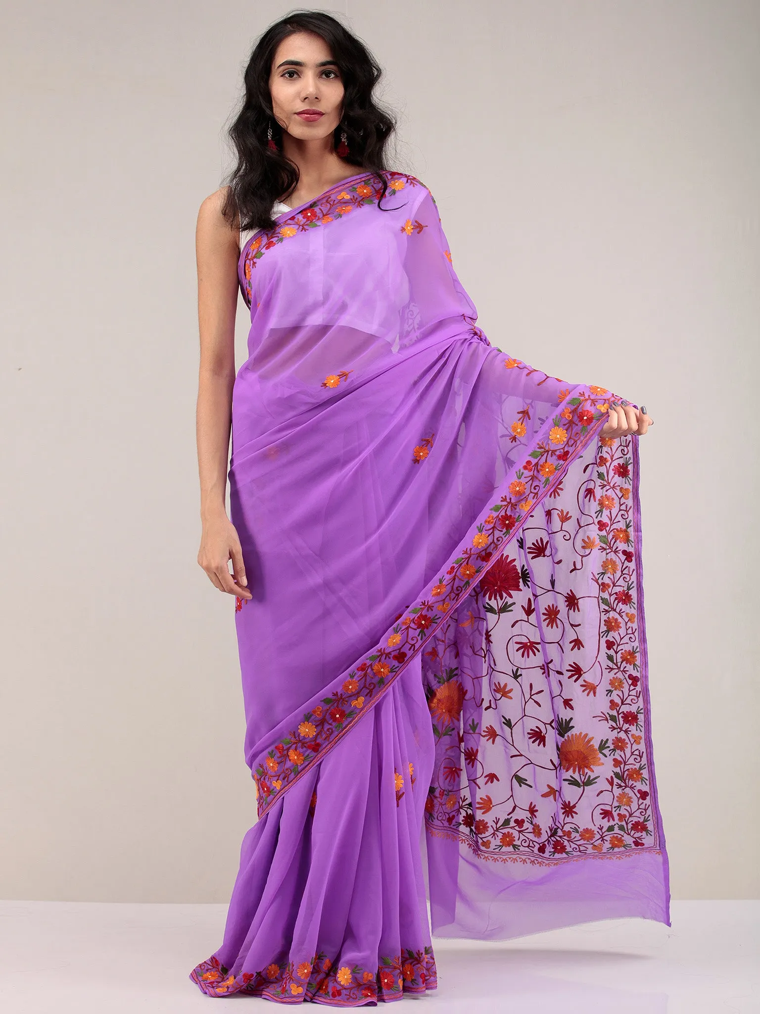 Purple Aari Embroidered Georgette Saree From Kashmir - S031704648