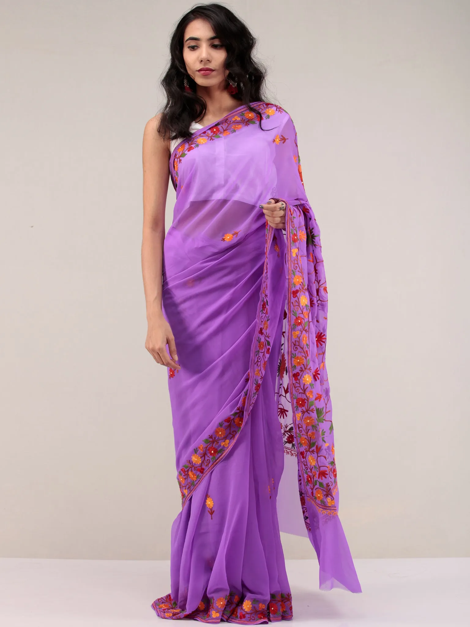 Purple Aari Embroidered Georgette Saree From Kashmir - S031704648