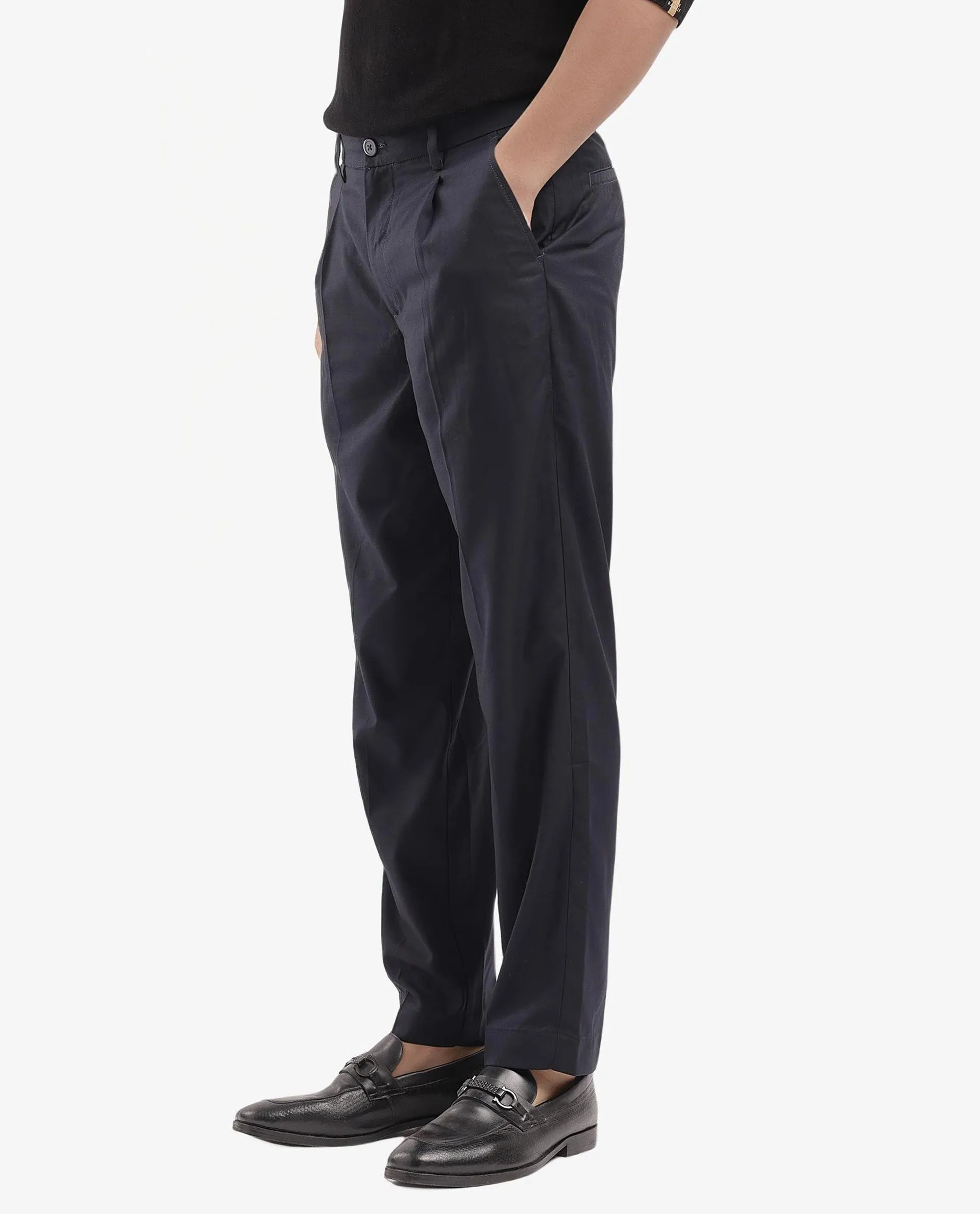 Rare Rabbit Men Windsor Navy Button Closure Pleated Relaxed Fit Plain Trouser