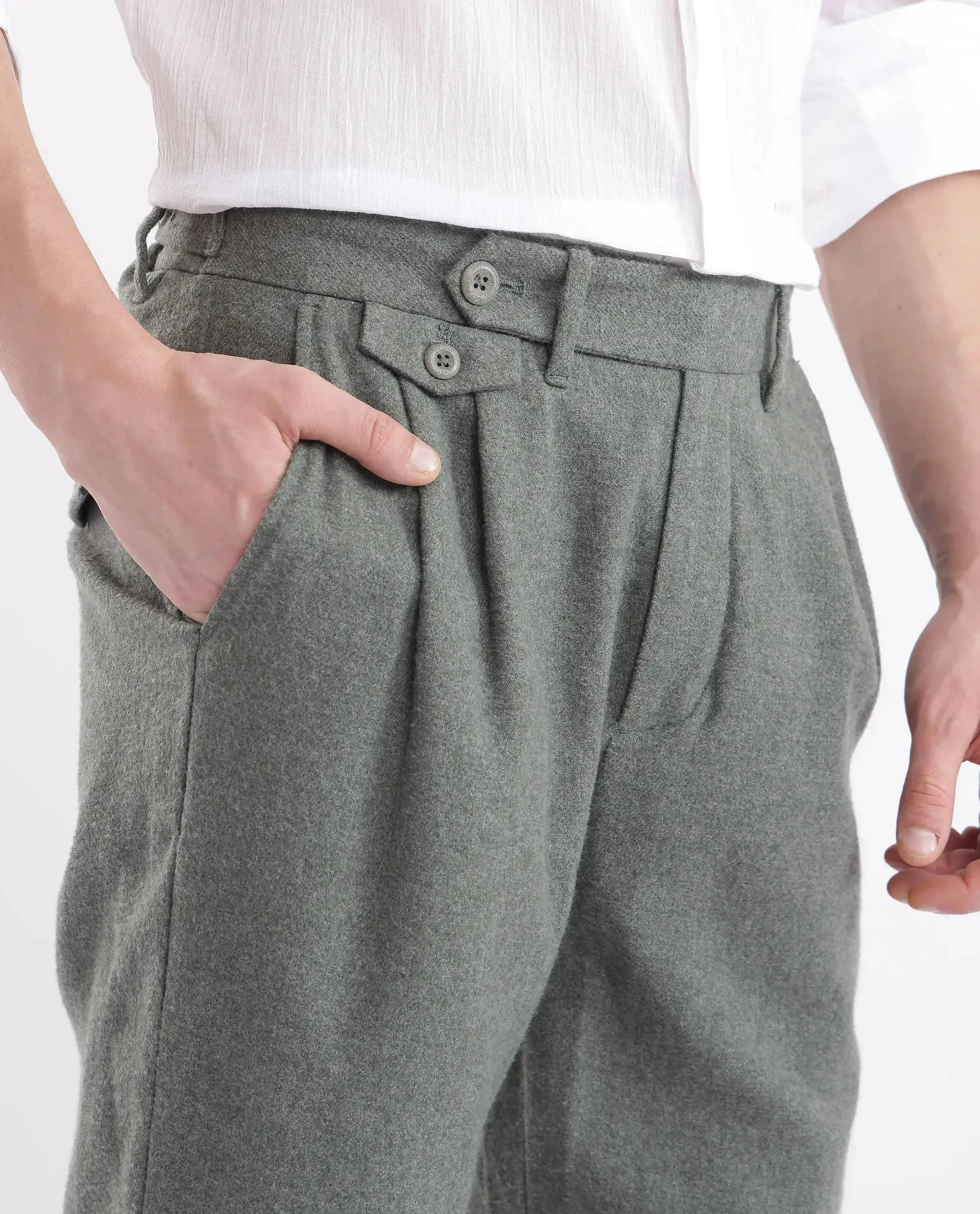 Rare Rabbit Men's Kaino Dark Green Fabric Button Closure Pleated Front Regular Fit Textured Trouser