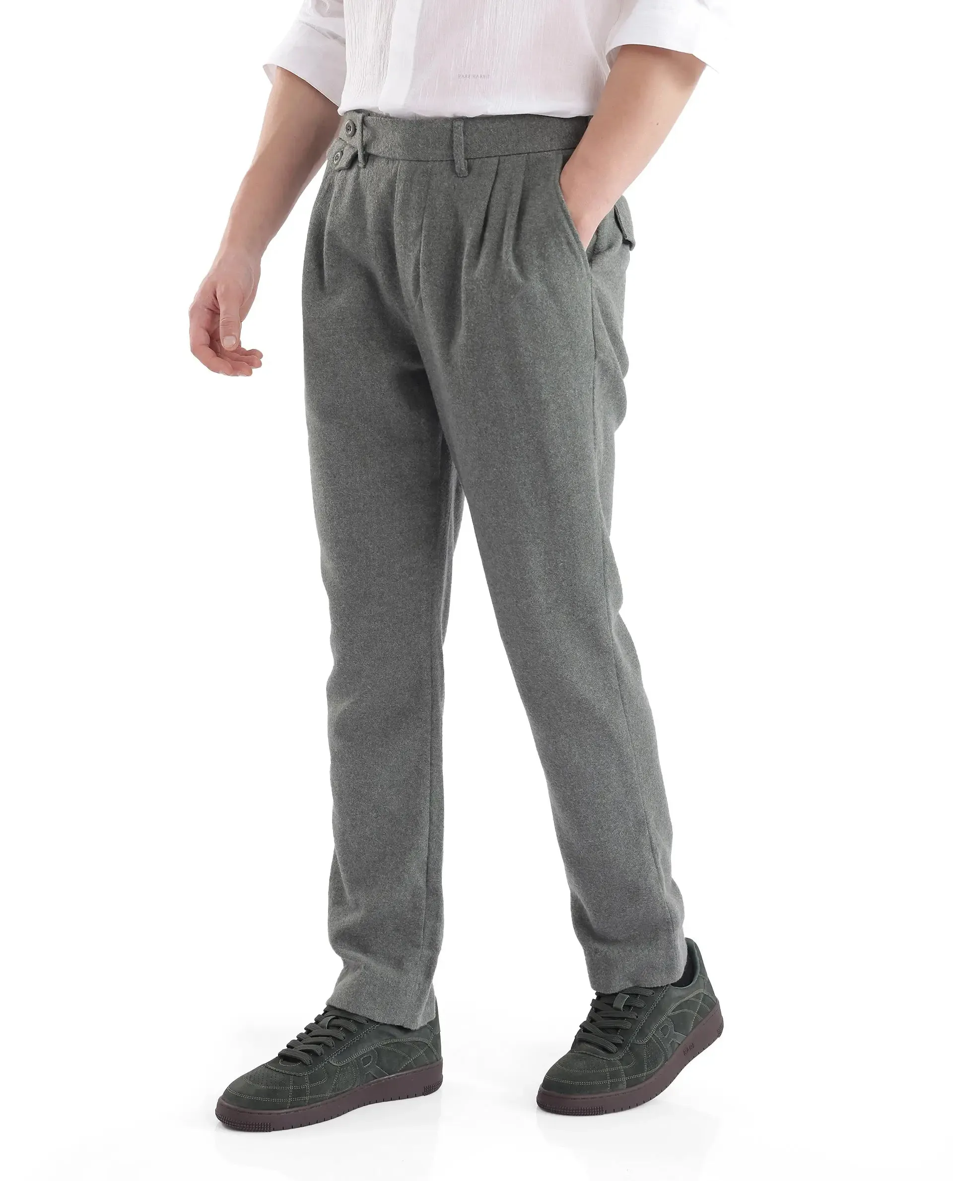 Rare Rabbit Men's Kaino Dark Green Fabric Button Closure Pleated Front Regular Fit Textured Trouser