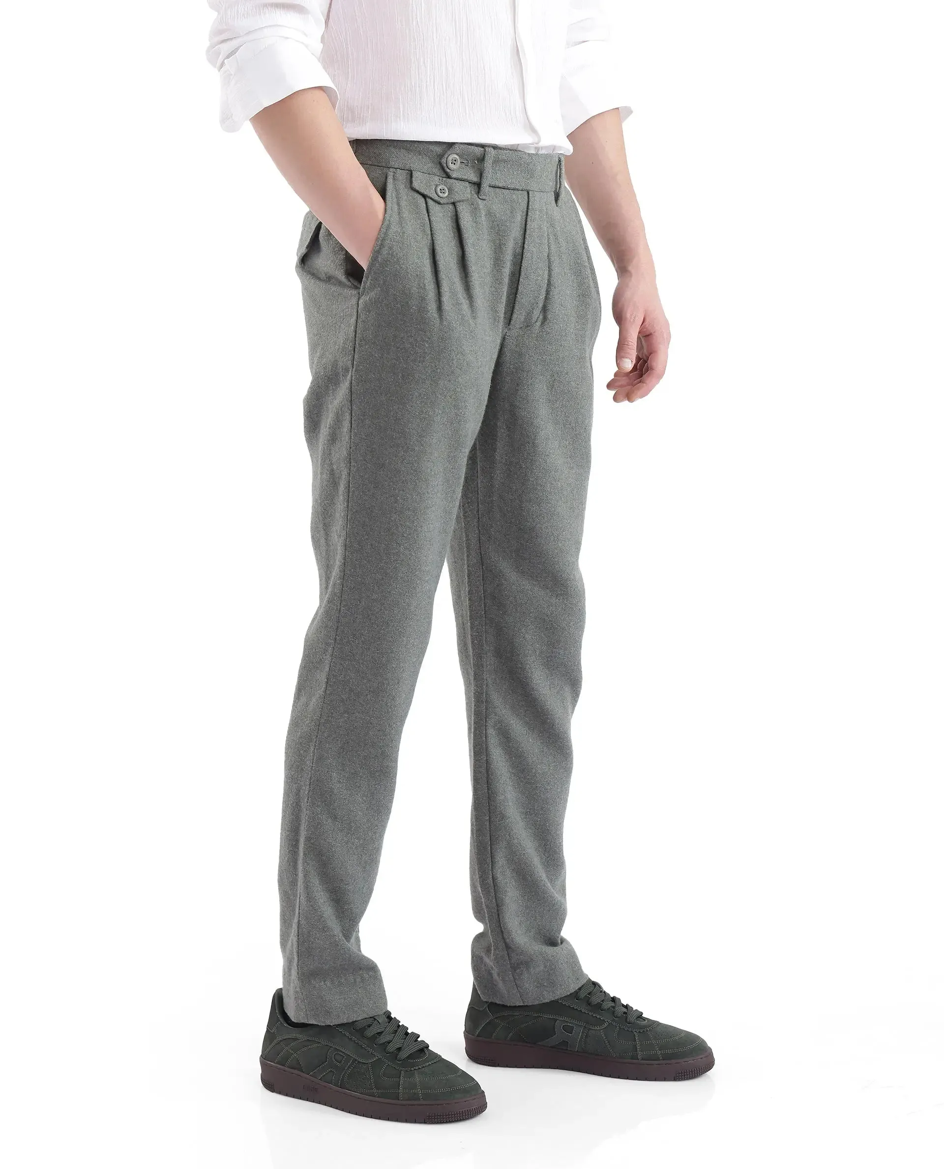 Rare Rabbit Men's Kaino Dark Green Fabric Button Closure Pleated Front Regular Fit Textured Trouser