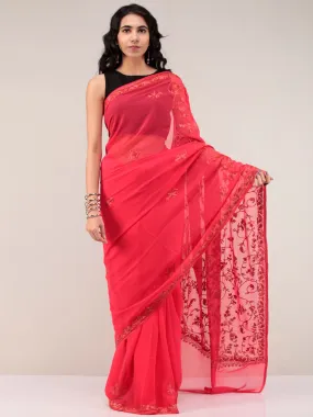 Red Aari Embroidered Georgette Saree From Kashmir - S031704659