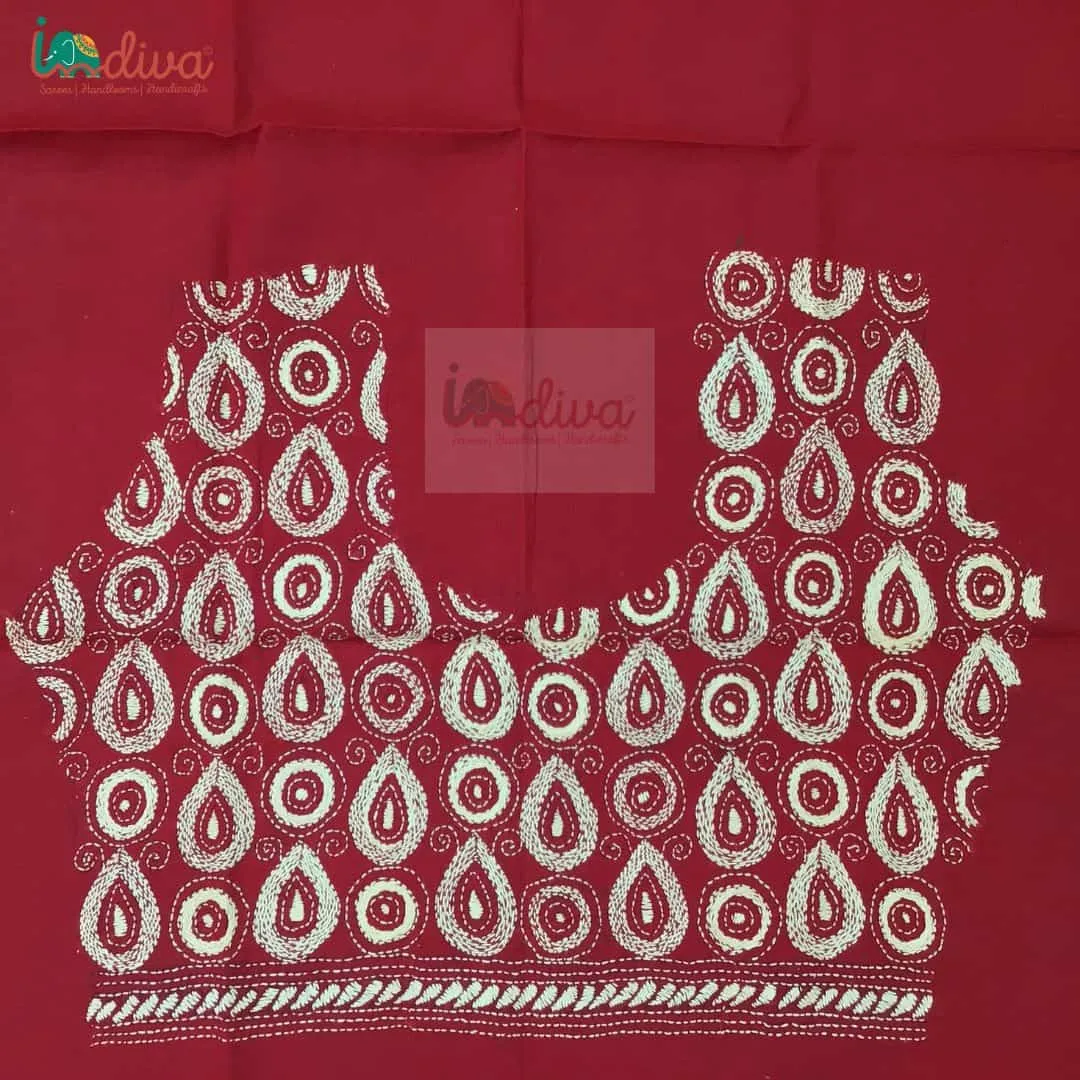 Red & Beige Kantha Blouse Fabric