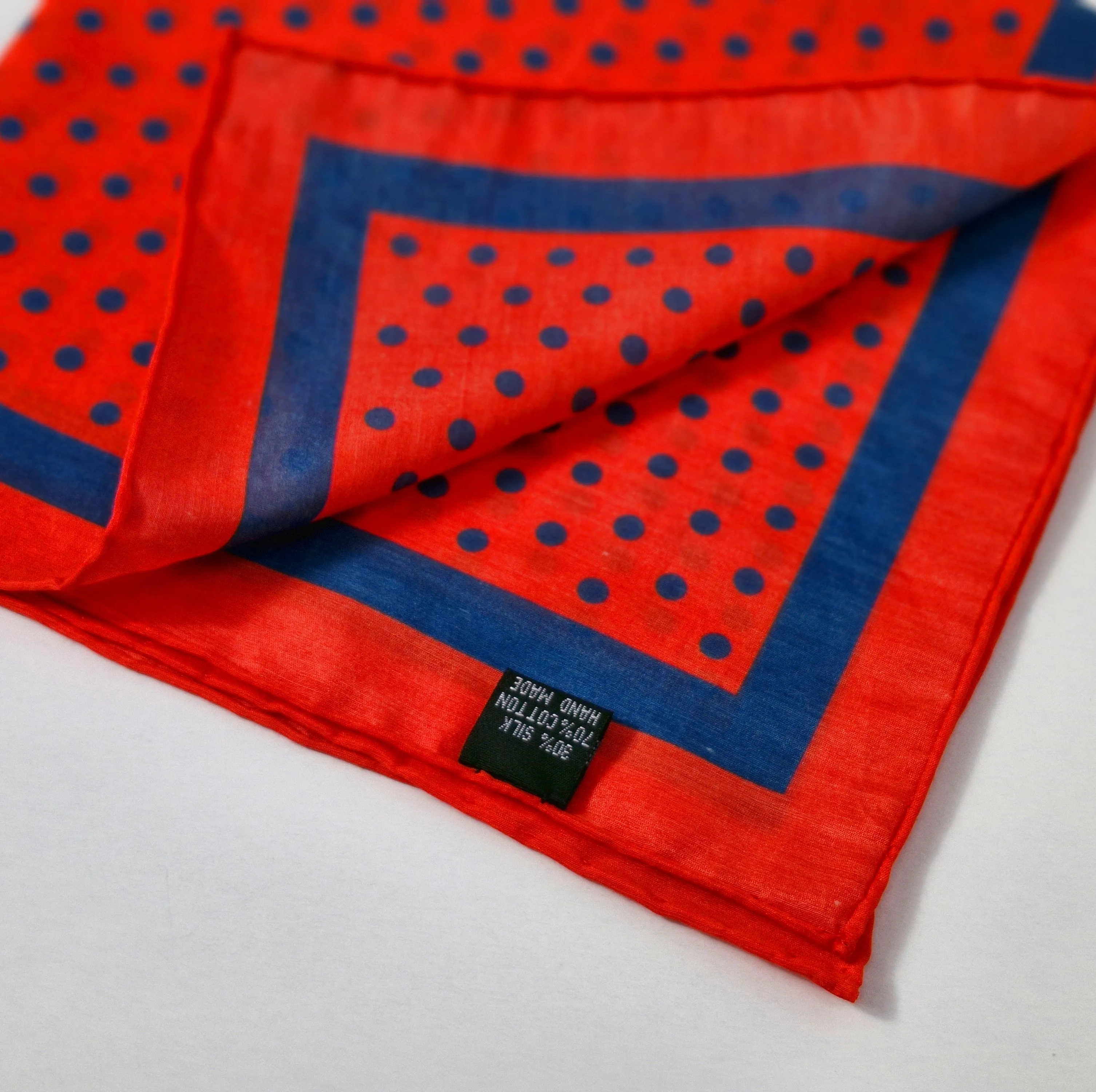 Red & Navy Polka Dot Cotton Silk Blend Pocket Square Handkerchief