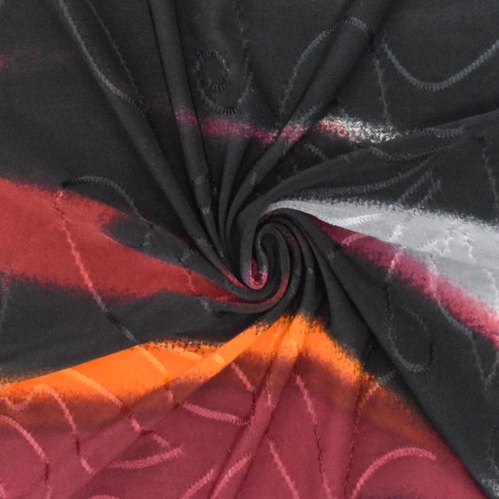 Red-Black-Multi Tie Dye Printed Embossed Stretch Jacquard Knit Fabric