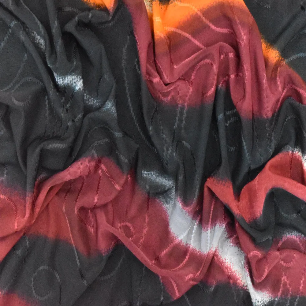 Red-Black-Multi Tie Dye Printed Embossed Stretch Jacquard Knit Fabric