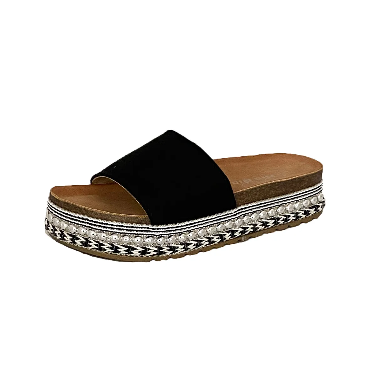 ROCKTHOSECURVES BLACK OPEN TOE BEADED SLIDERS FLAT SHOES