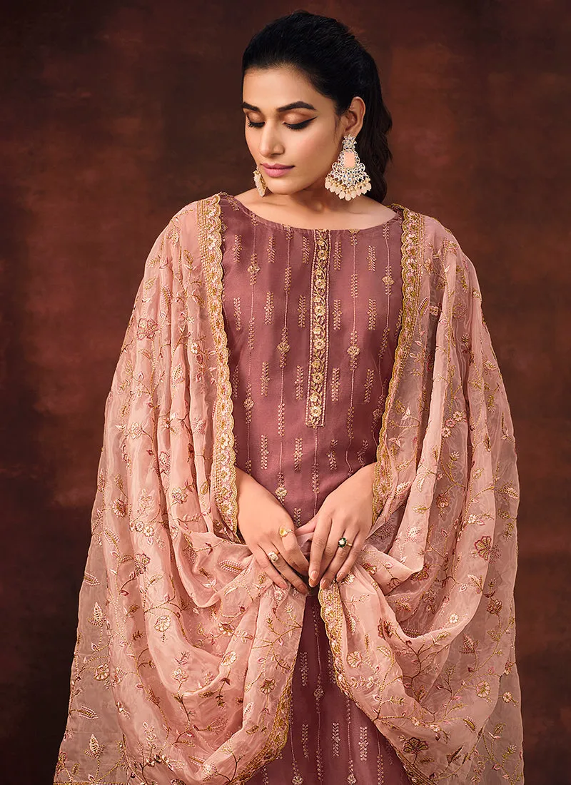 Rose Pink Sequence Embroidery Pant Style Suit