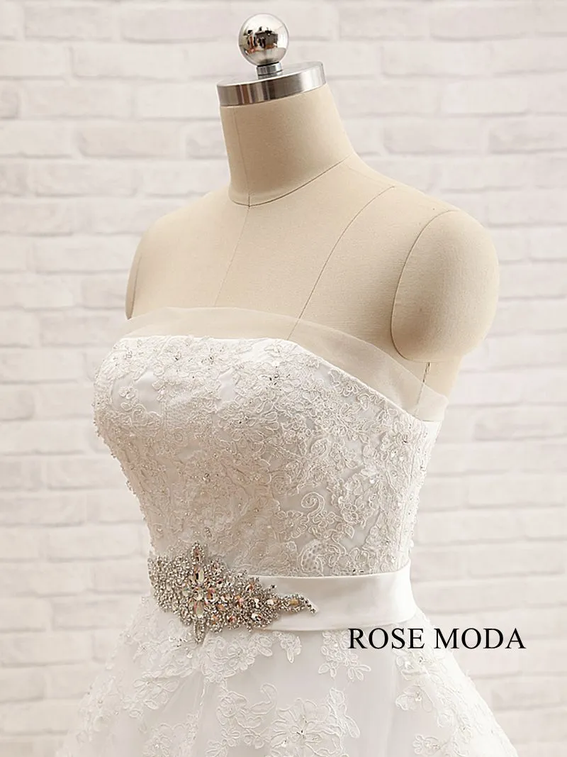 Rosemoda Crescent Neckline Ball Gown Wedding Dress with Crystal Belt