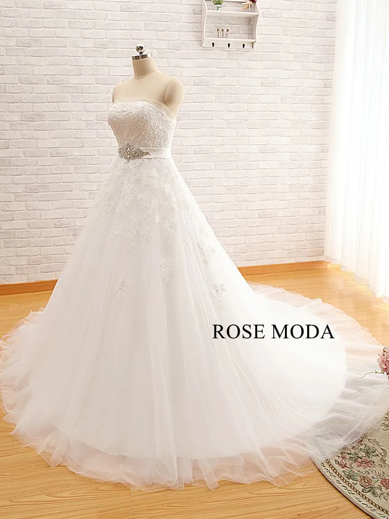 Rosemoda Crescent Neckline Ball Gown Wedding Dress with Crystal Belt