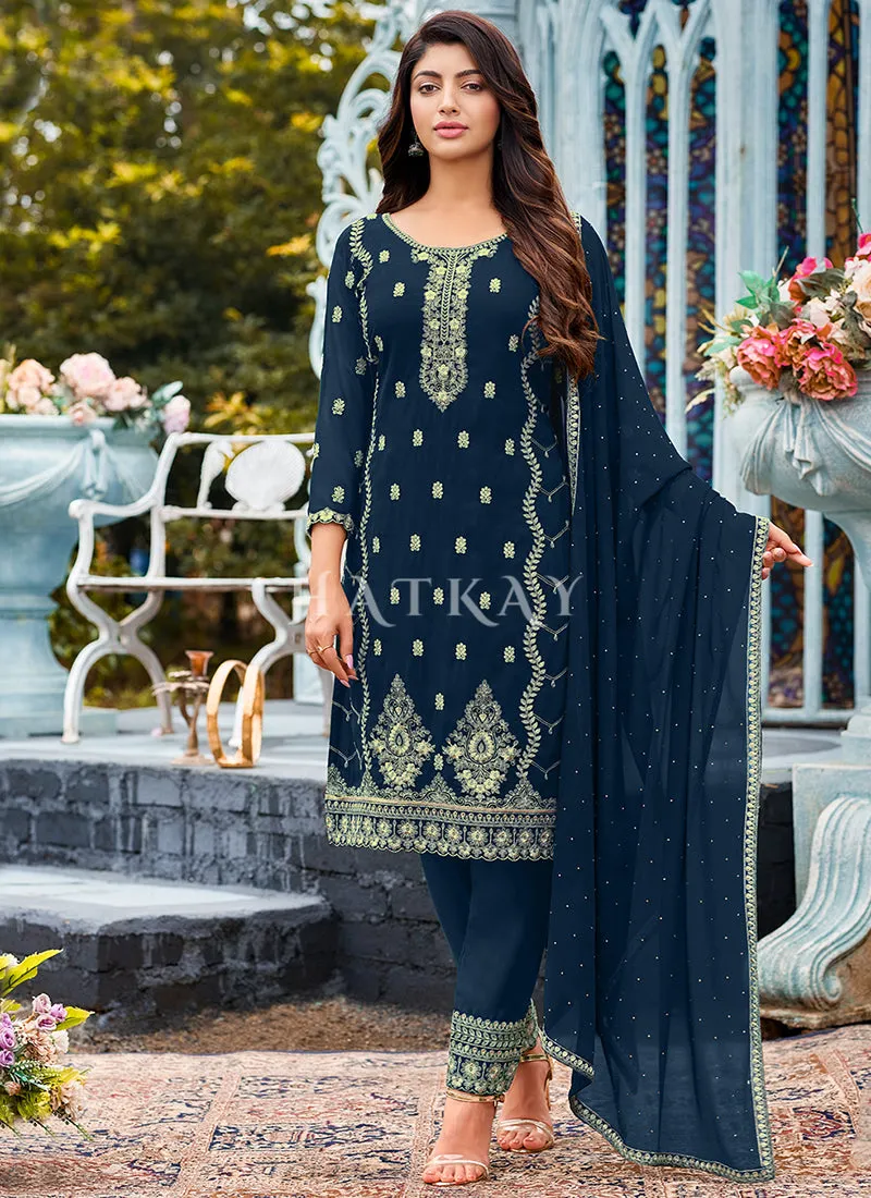 Royal Blue Georgette Embroidered Pant Suit