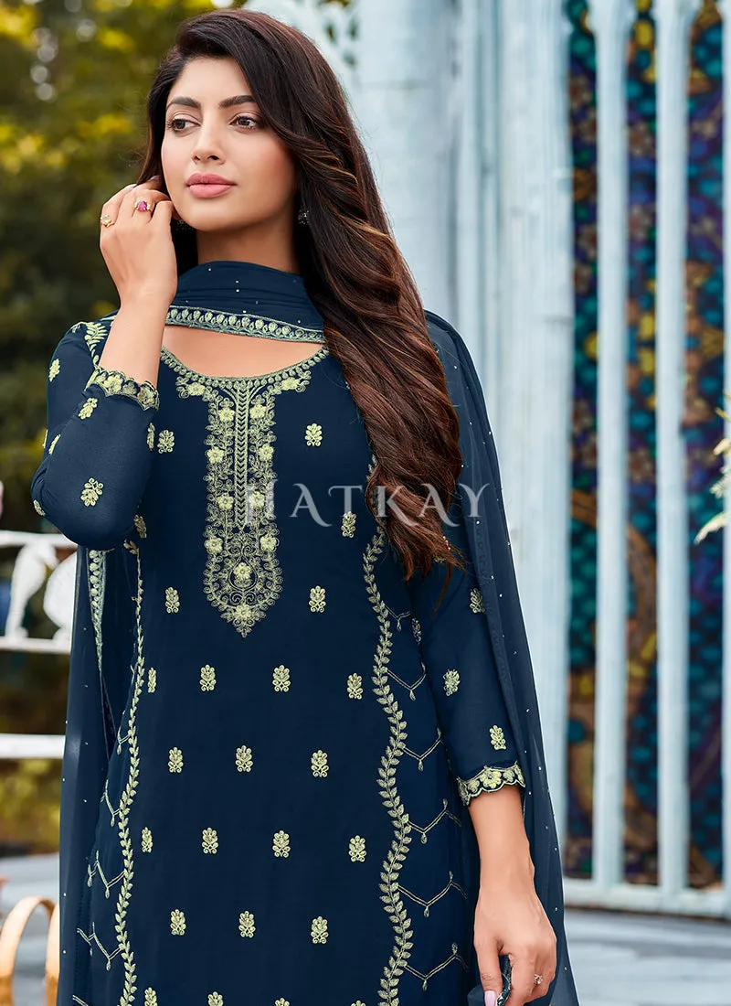 Royal Blue Georgette Embroidered Pant Suit