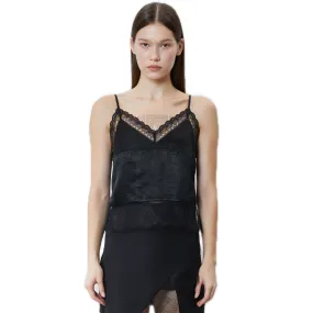 Satin Lace Paneled Camisoles in Black