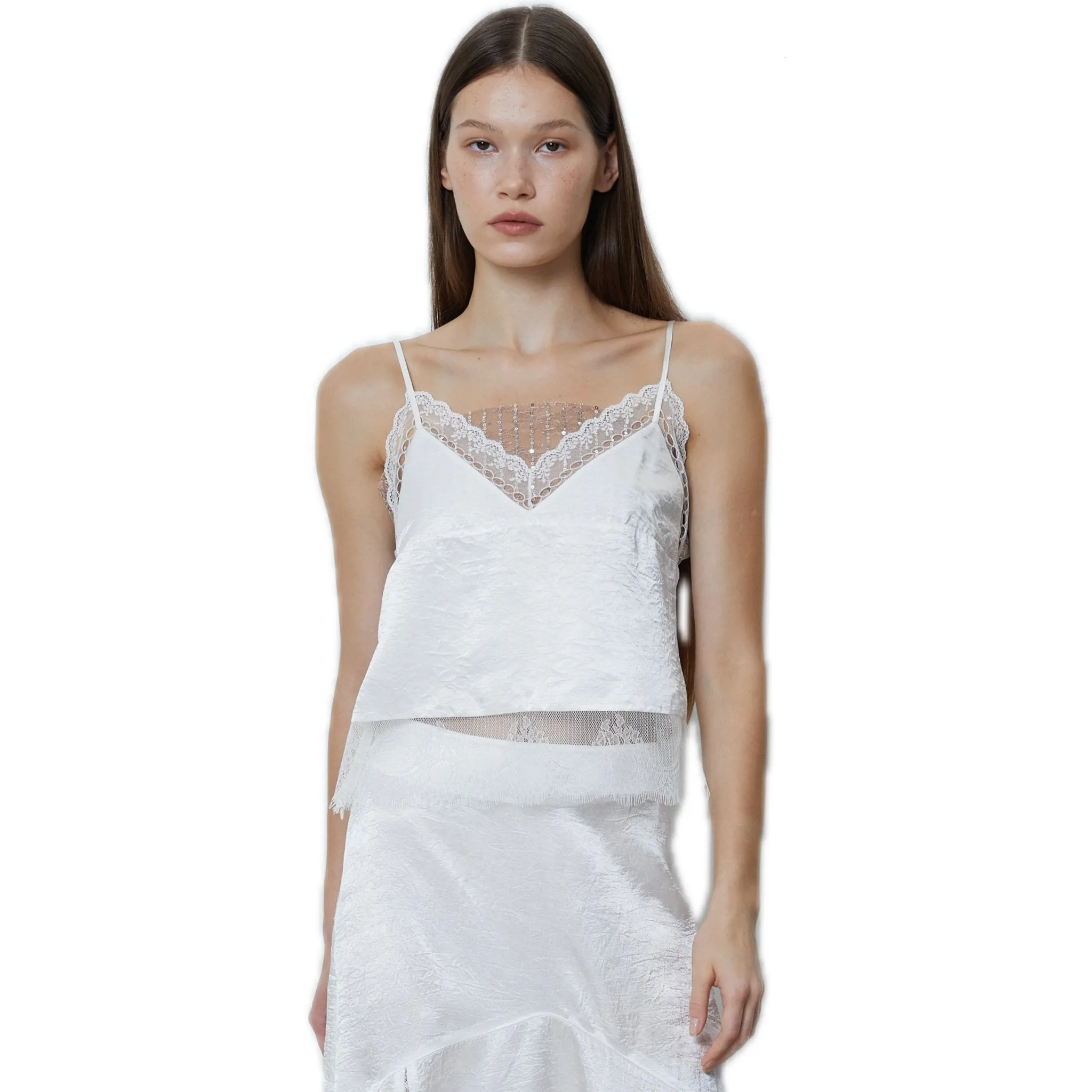 Satin Lace Paneled Camisoles in White