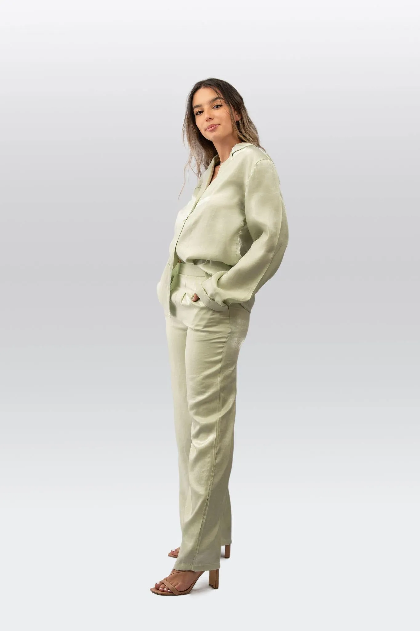 Satin Pleated Waist Trousers in Pale Sage