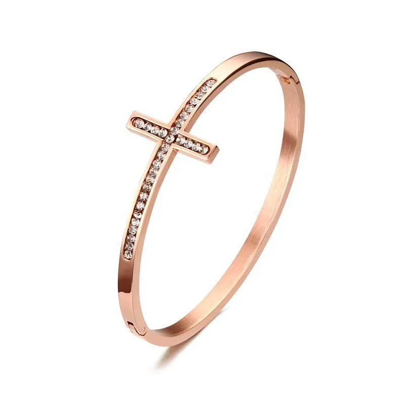 Sideways Cross Rose Gold Rhinestone Paved Bracelet