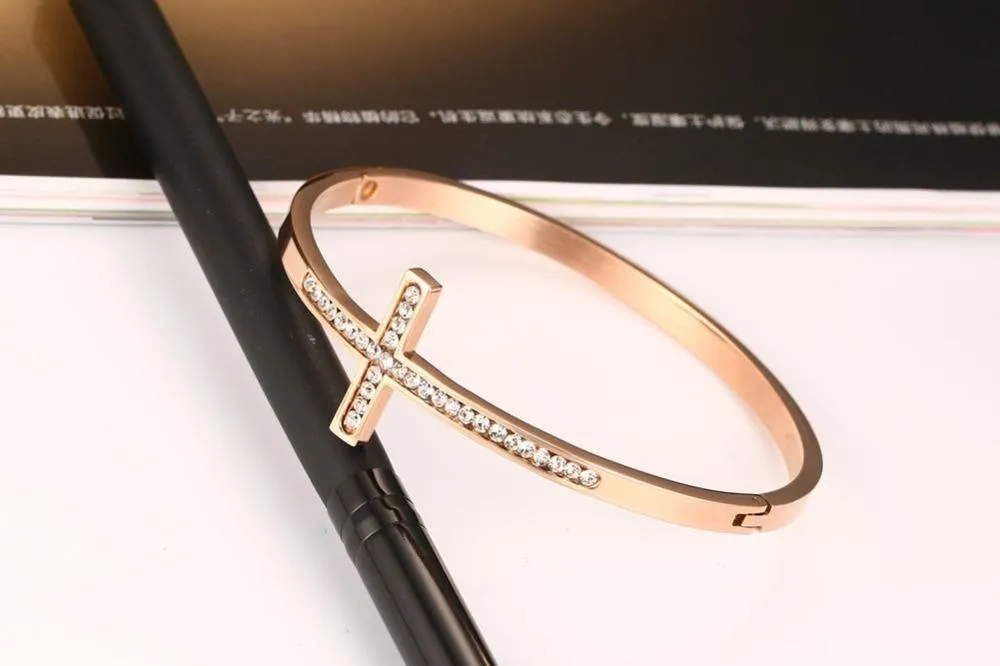 Sideways Cross Rose Gold Rhinestone Paved Bracelet