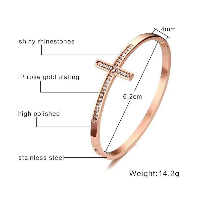 Sideways Cross Rose Gold Rhinestone Paved Bracelet