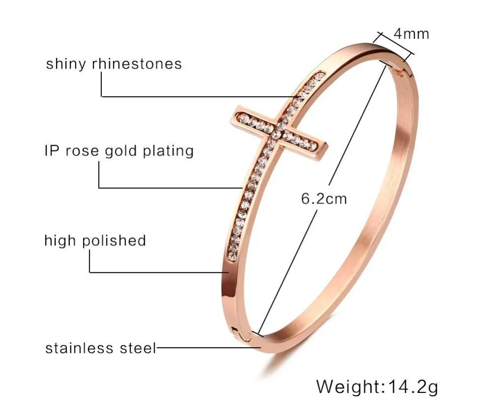 Sideways Cross Rose Gold Rhinestone Paved Bracelet