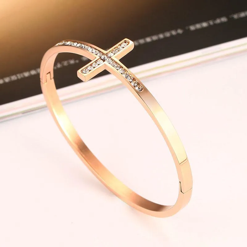 Sideways Cross Rose Gold Rhinestone Paved Bracelet