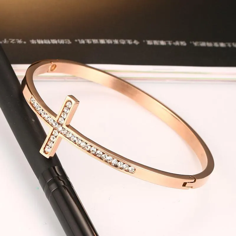 Sideways Cross Rose Gold Rhinestone Paved Bracelet