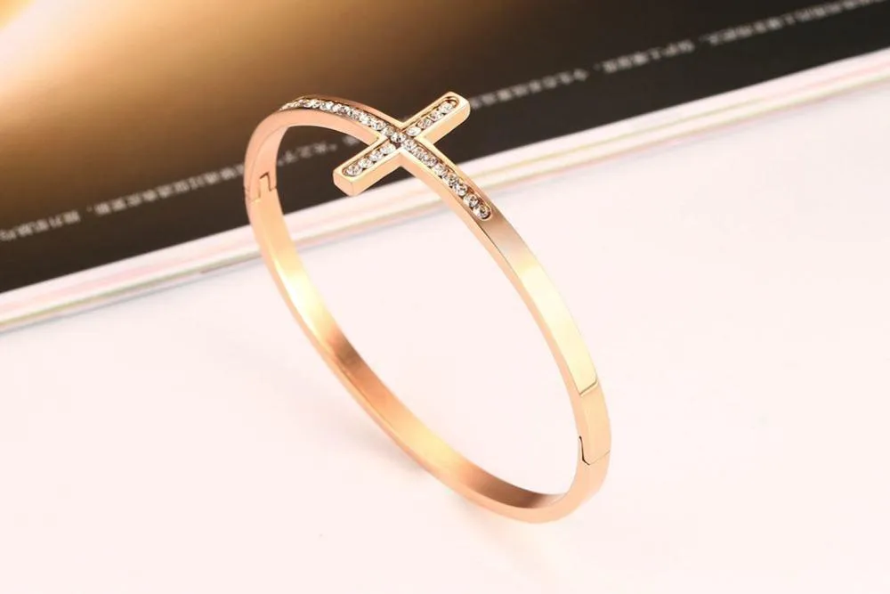 Sideways Cross Rose Gold Rhinestone Paved Bracelet