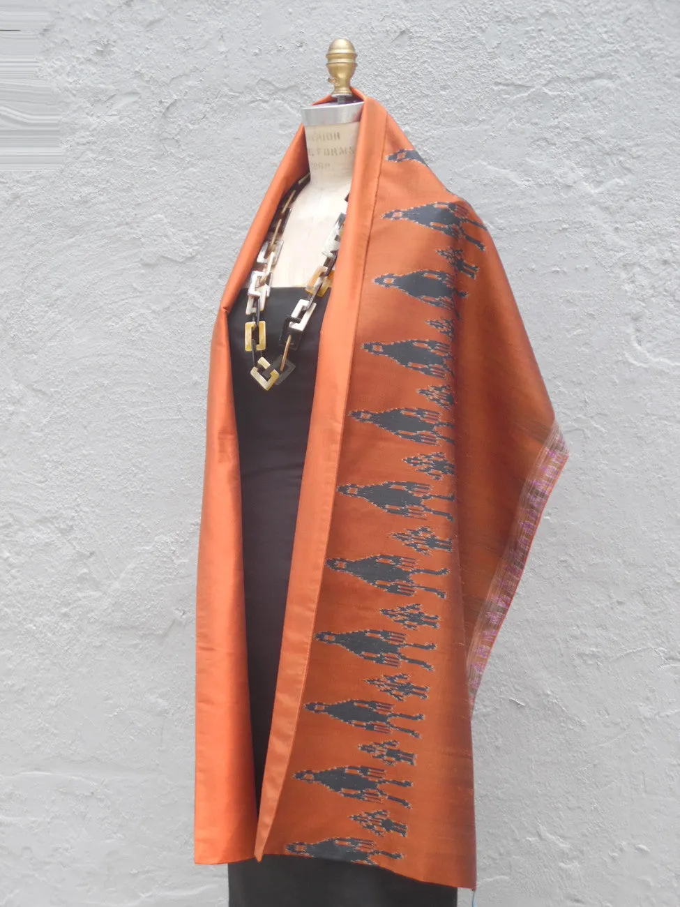 Silk Ikat Double Side Shawl Ancient Man on Copper