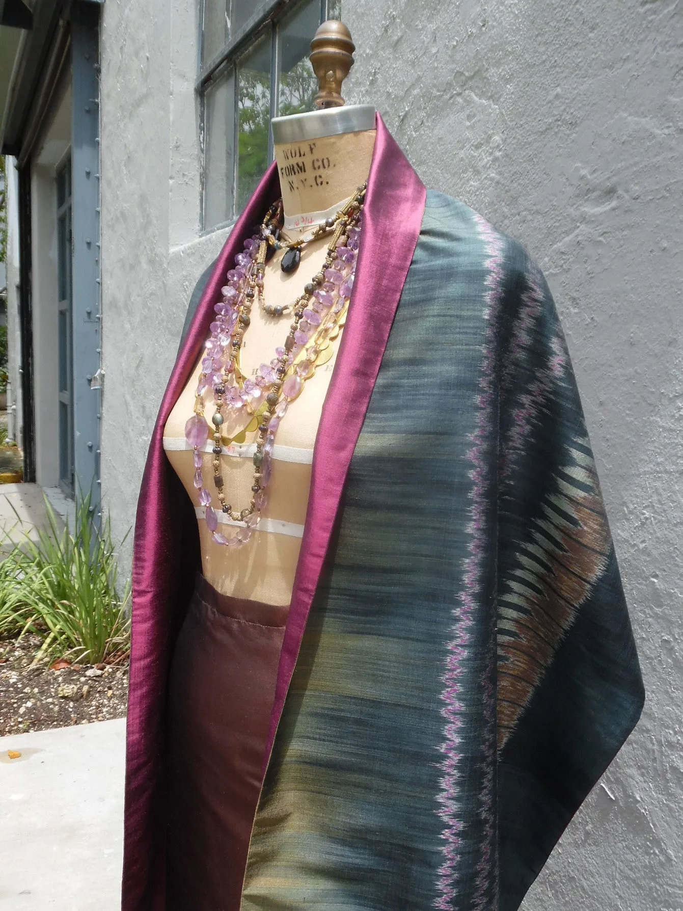 Silk Ikat Double Side Shawl Black Amethyst Eggplant