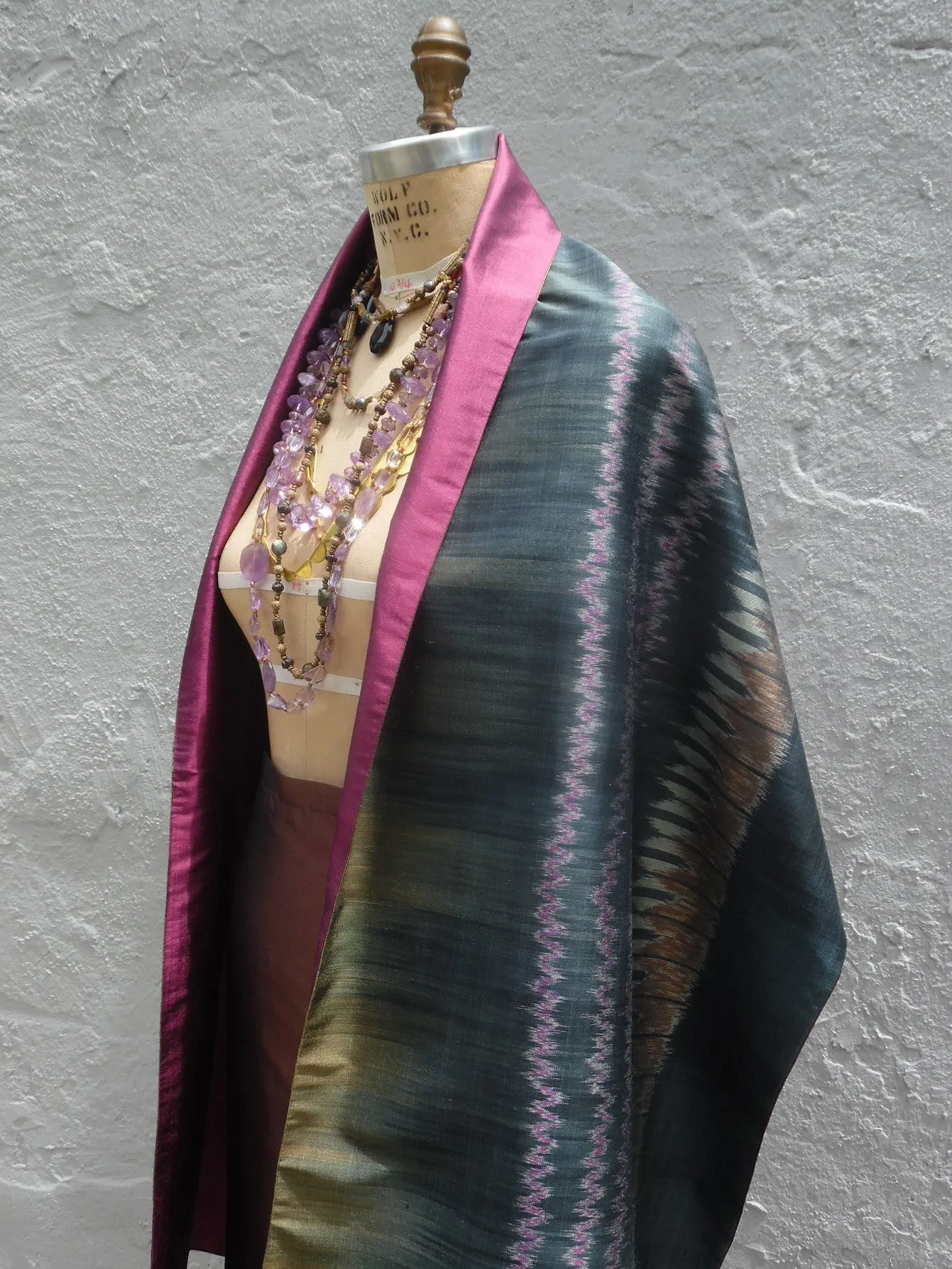 Silk Ikat Double Side Shawl Black Amethyst Eggplant