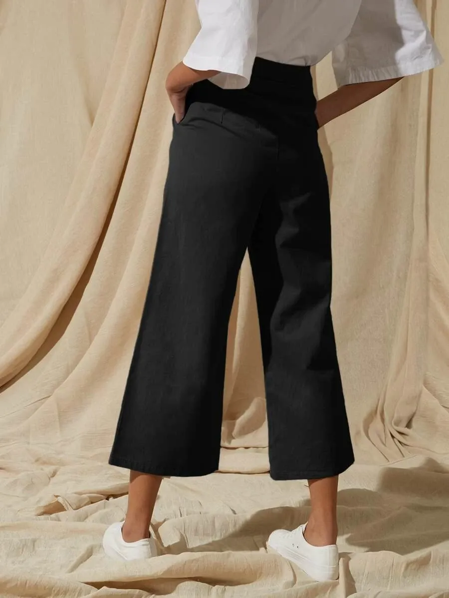 Slant Pocket Pleated Detail Wide Leg Cropped Pants