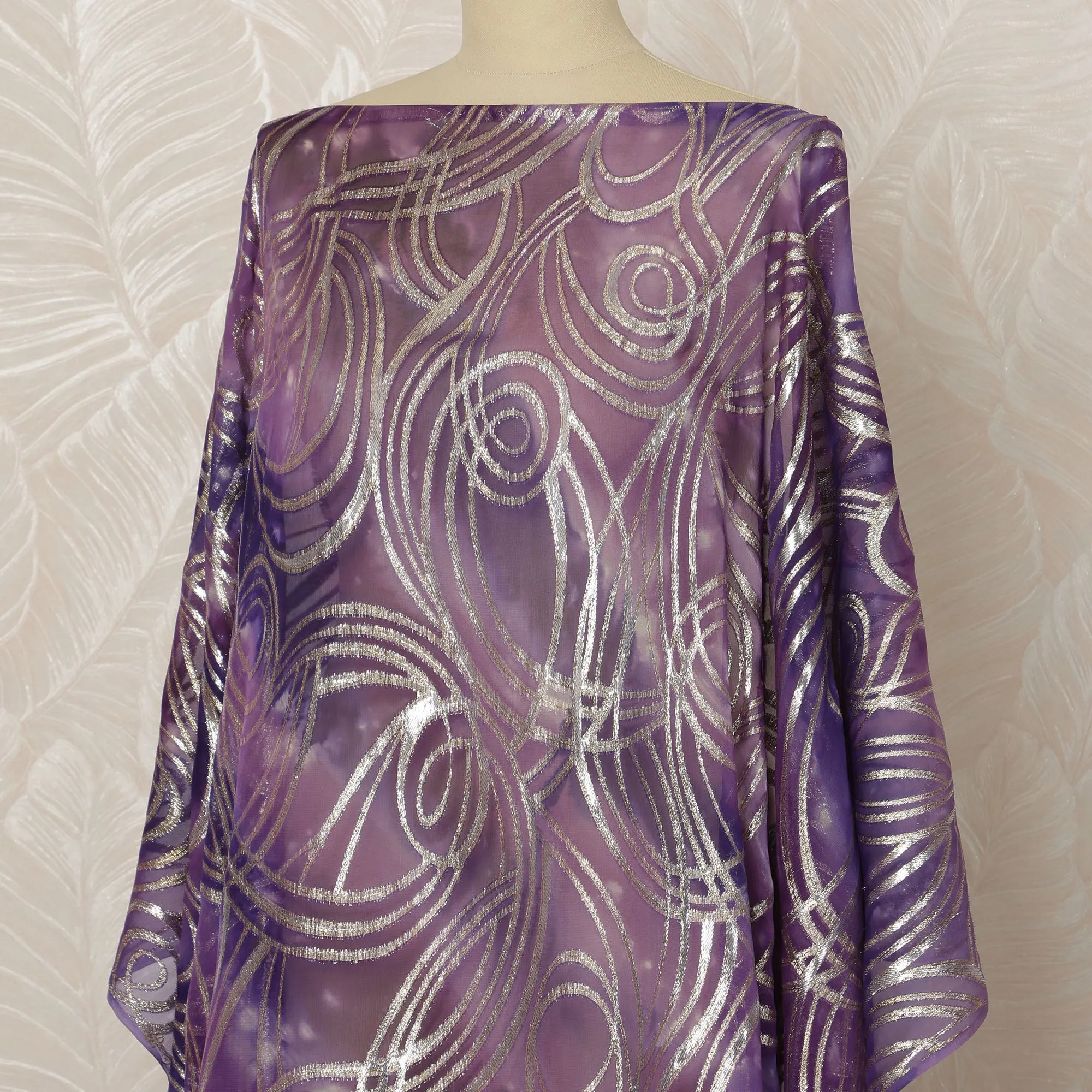 Somali Silk Chiffon Dirac Fabric with Metallic Lurex - Purple Swirl Design, 3.5 Meters, 140 cm Width-D20669