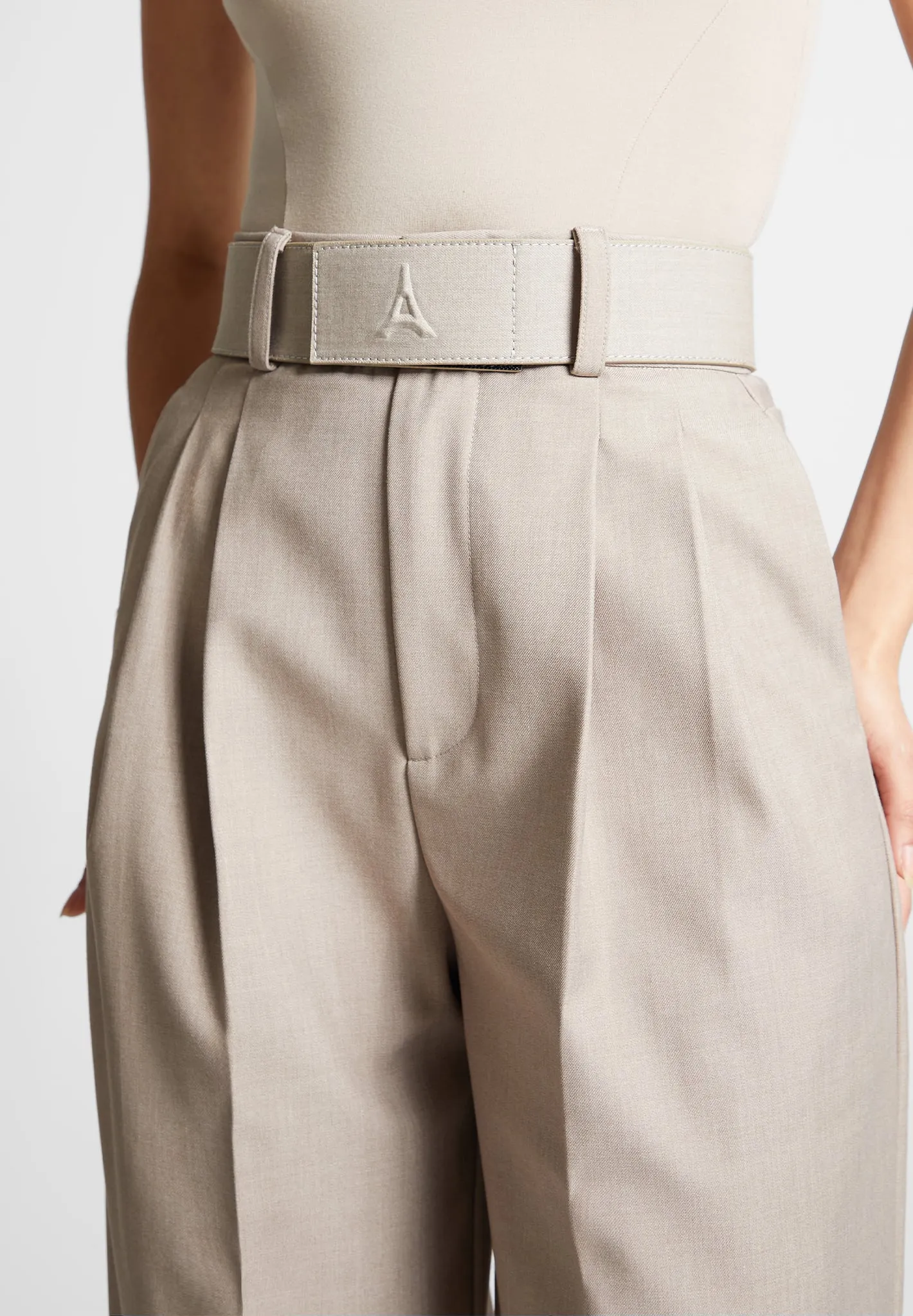 Tailored Pleated Trousers with Eiffel Belt - Taupe