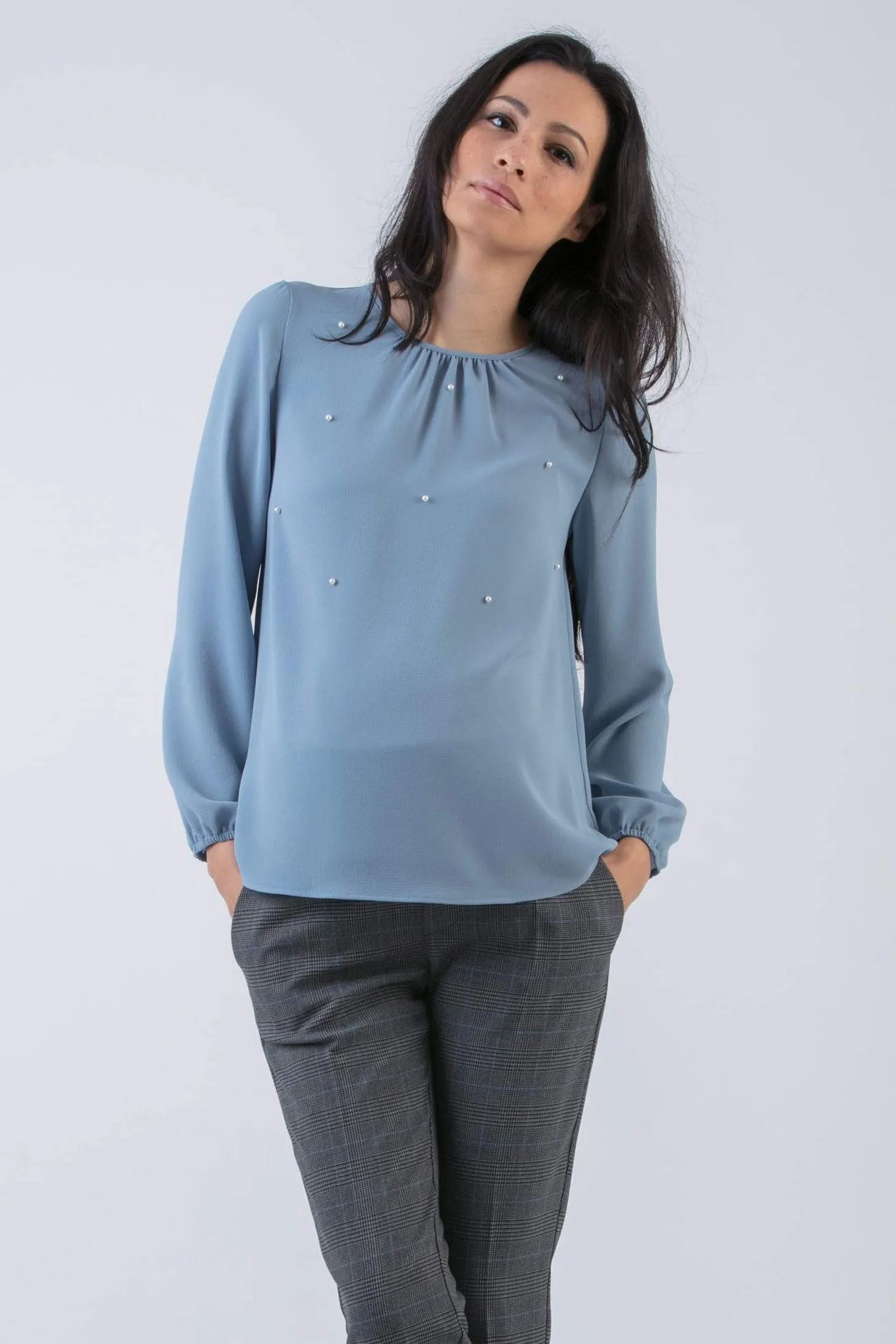 Talia Pearl Embellished Maternity Blouse in Slate Blue