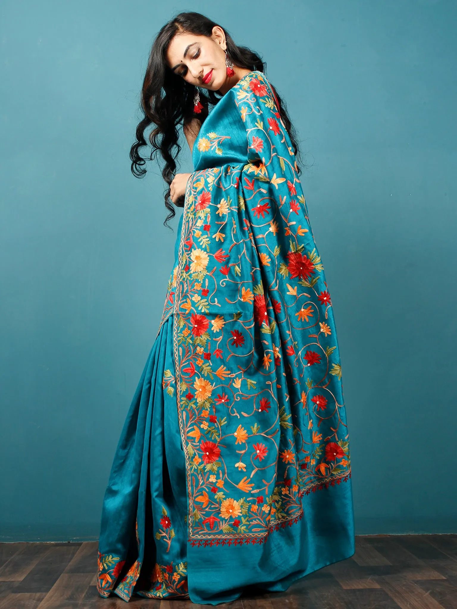 Turquoise Blue Yellow Red Green Aari Embroidered Bhagalpuri Silk Saree From Kashmir  - S031703063