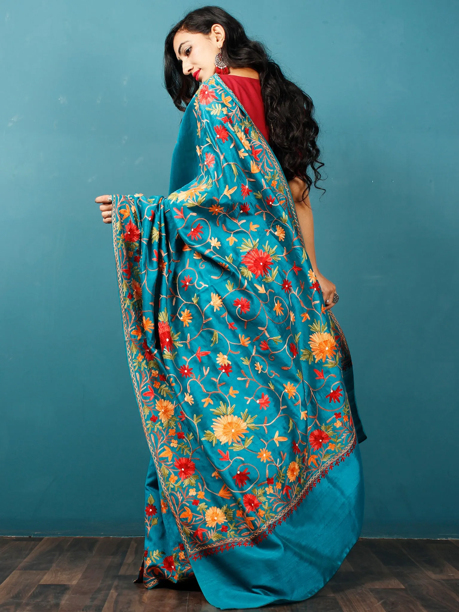 Turquoise Blue Yellow Red Green Aari Embroidered Bhagalpuri Silk Saree From Kashmir  - S031703063