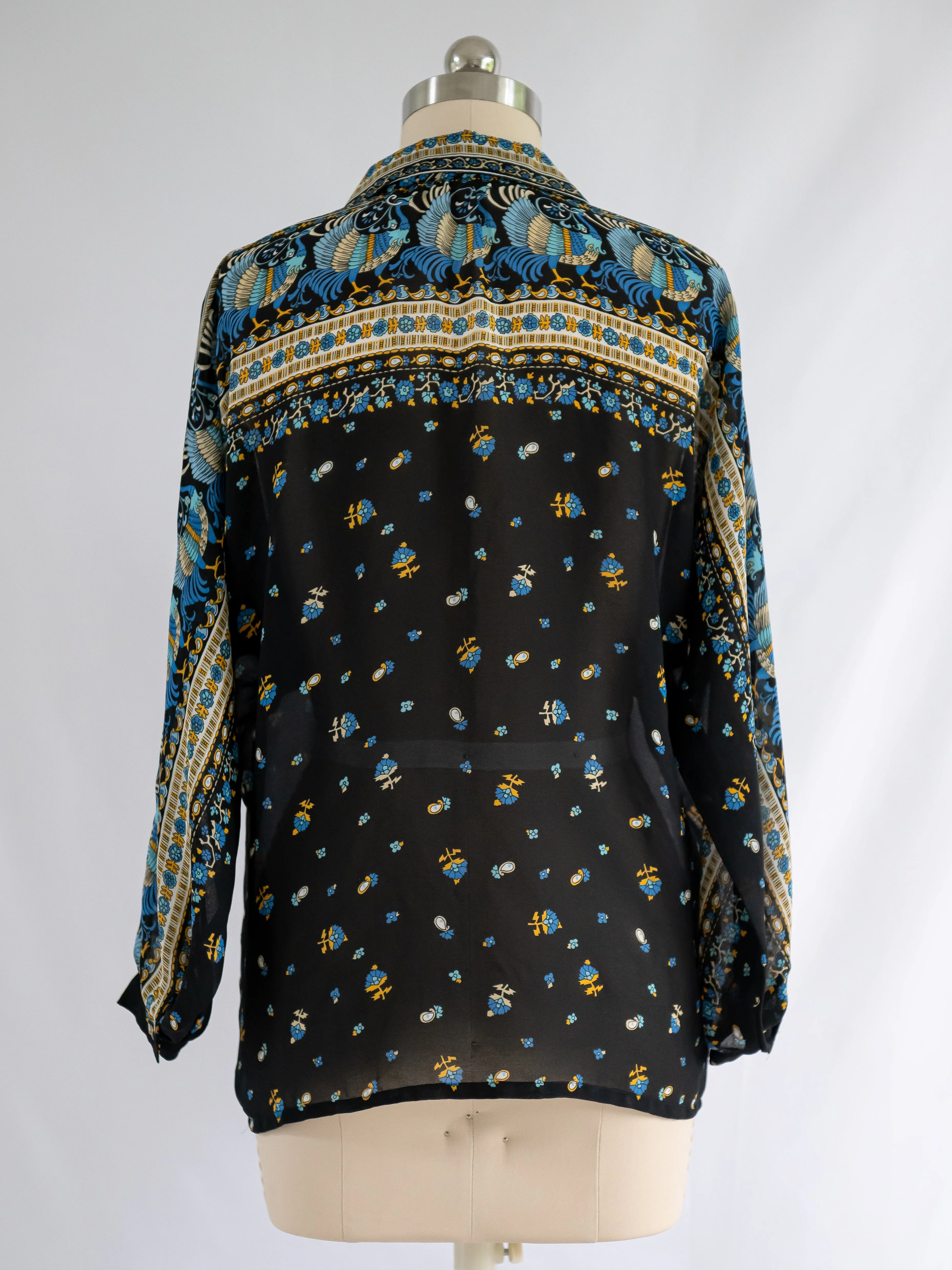 Vintage Black Peacock Print Border Chiffon Blouse