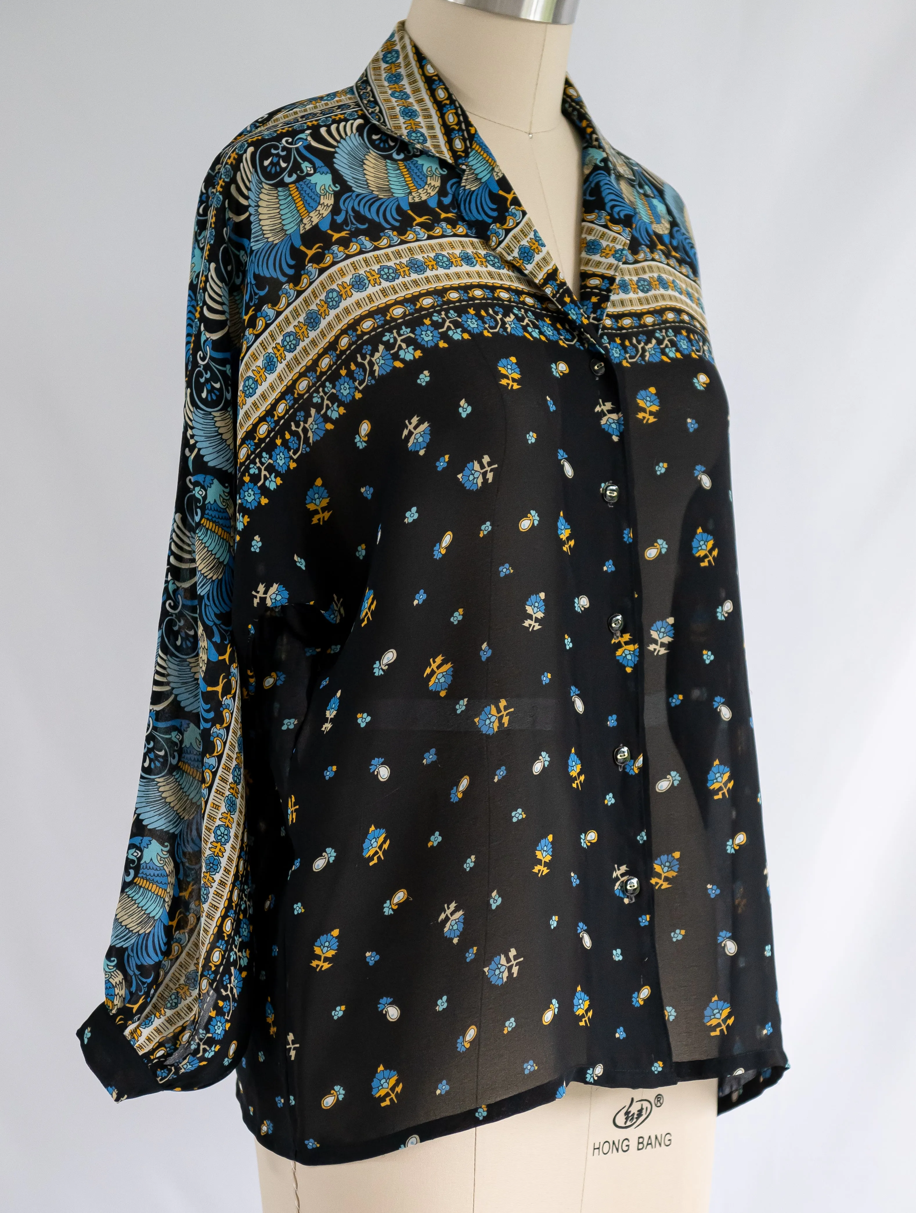 Vintage Black Peacock Print Border Chiffon Blouse