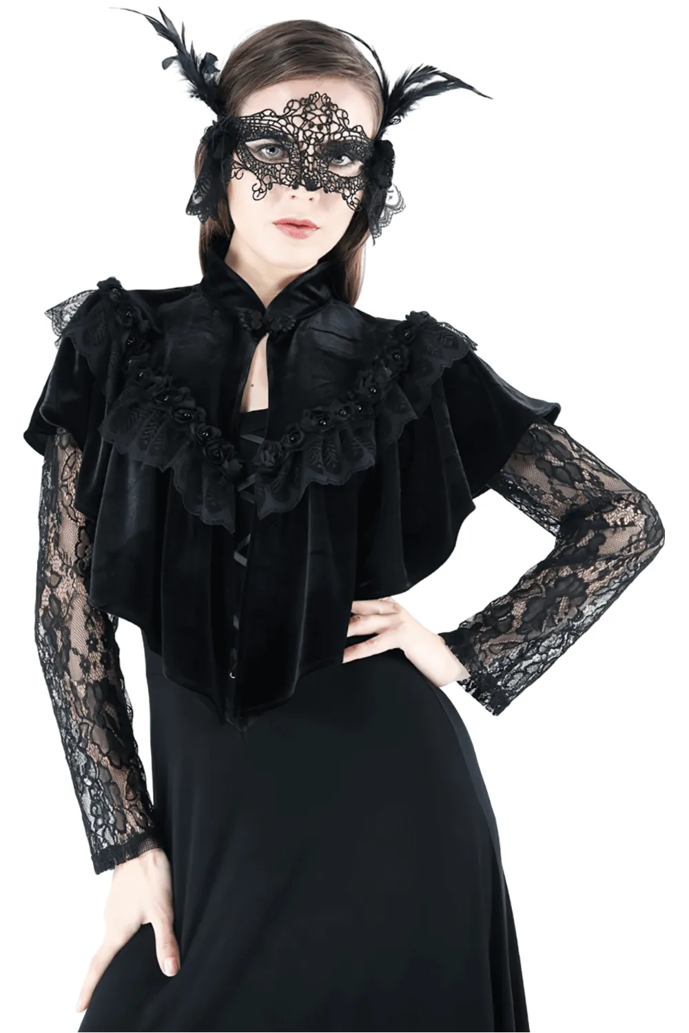 Vintage Gothic Velvet Capelet with Lace and Pearls