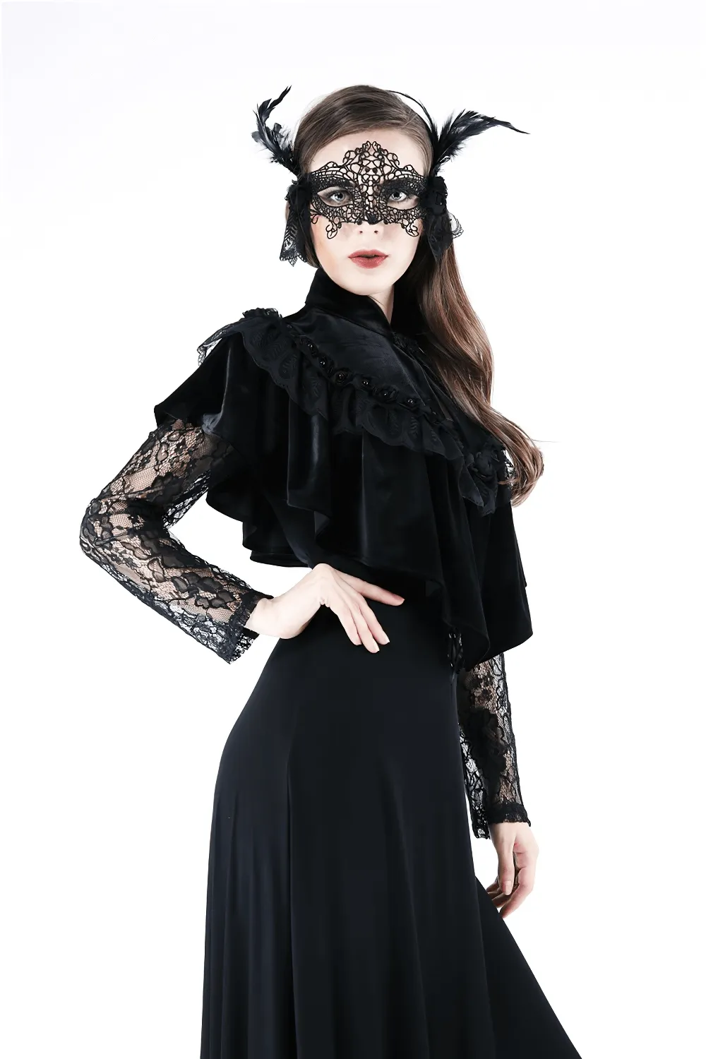 Vintage Gothic Velvet Capelet with Lace and Pearls