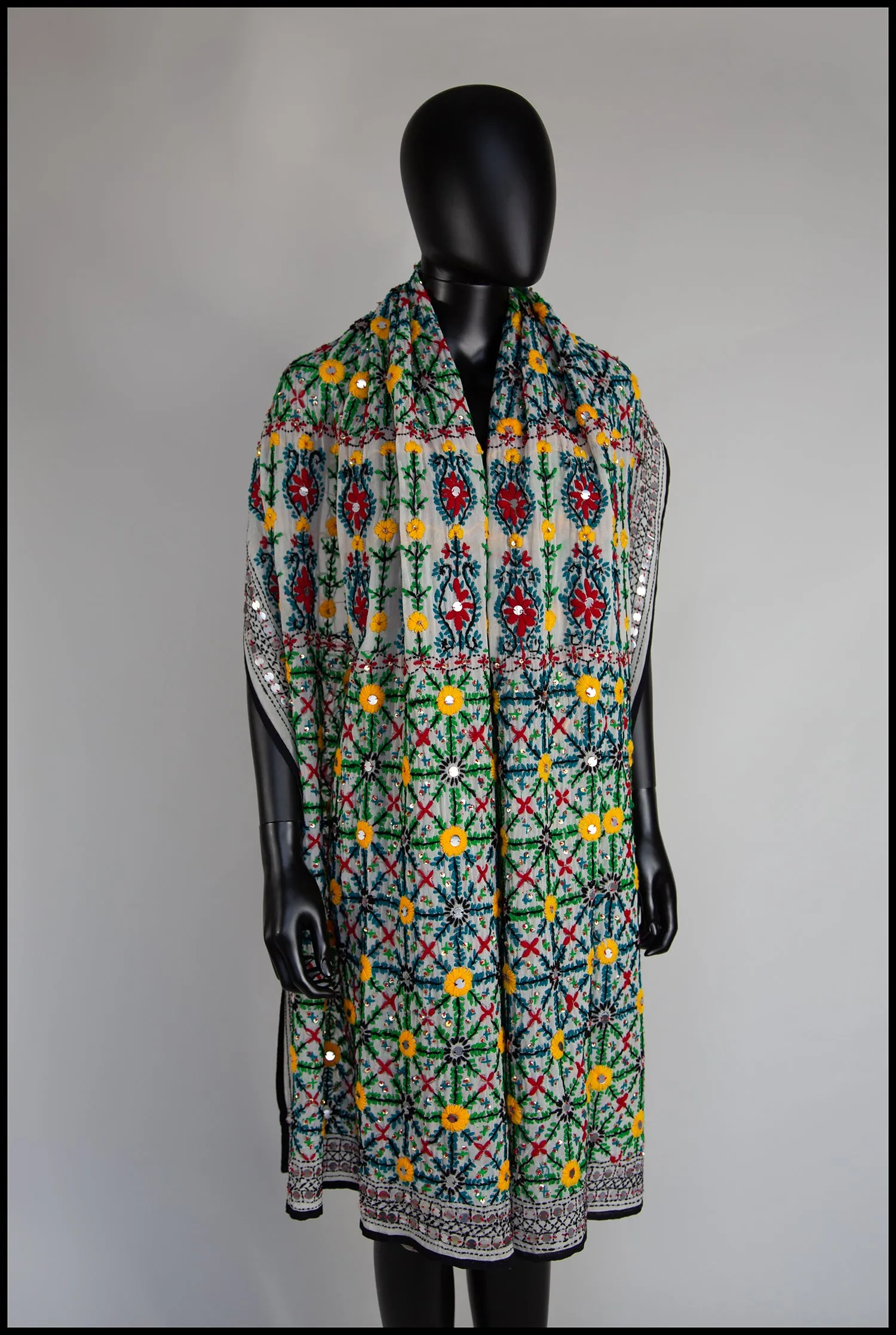 Vintage Large Indian Phulkari Multi Embroidered Wool Wrap