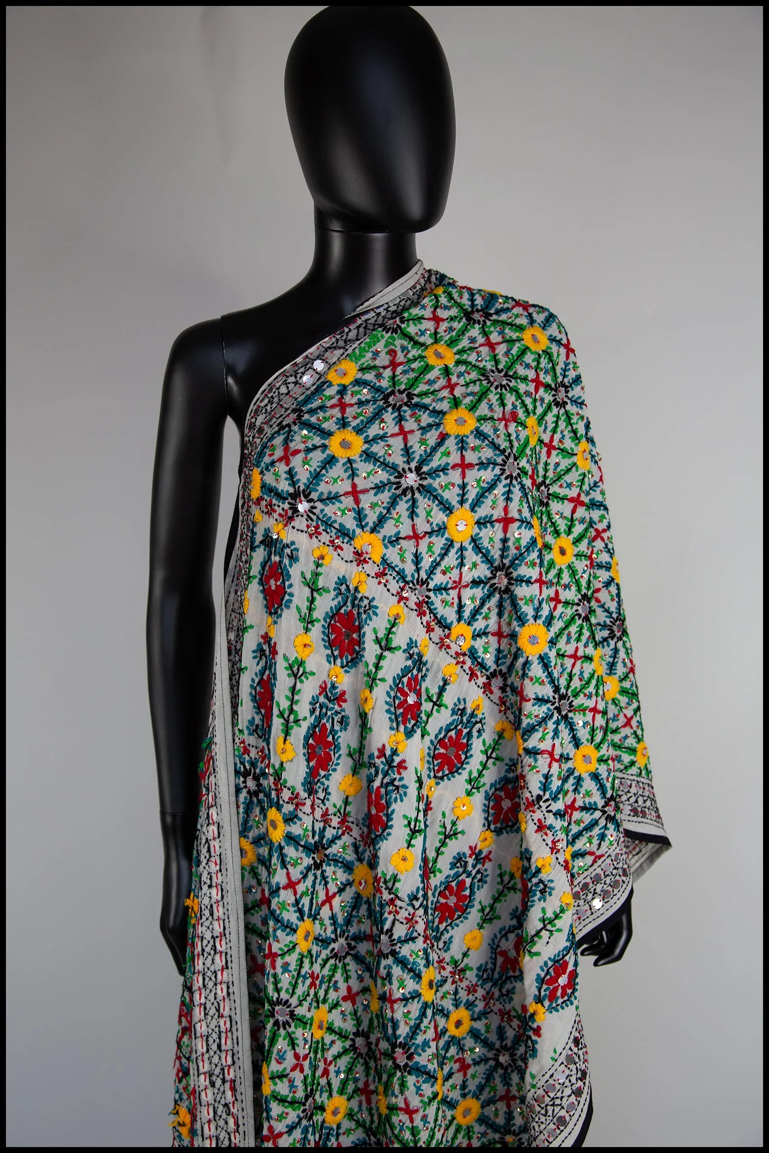 Vintage Large Indian Phulkari Multi Embroidered Wool Wrap